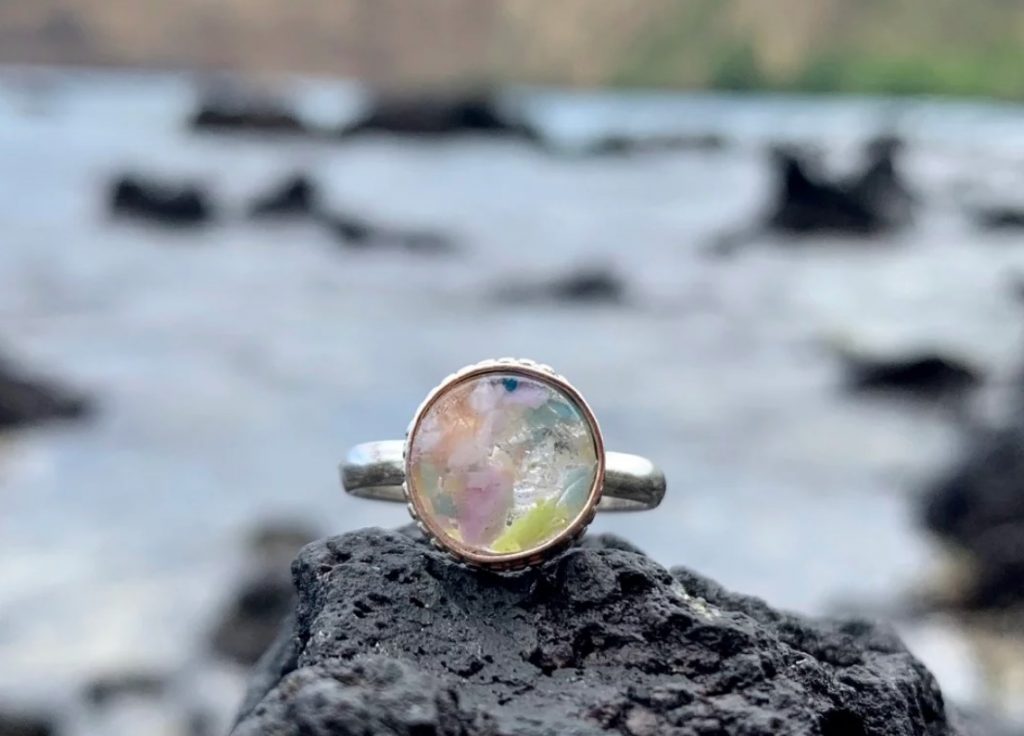 Ring made from sea glass, sand & ocean microplastic - pretty eco jewellery