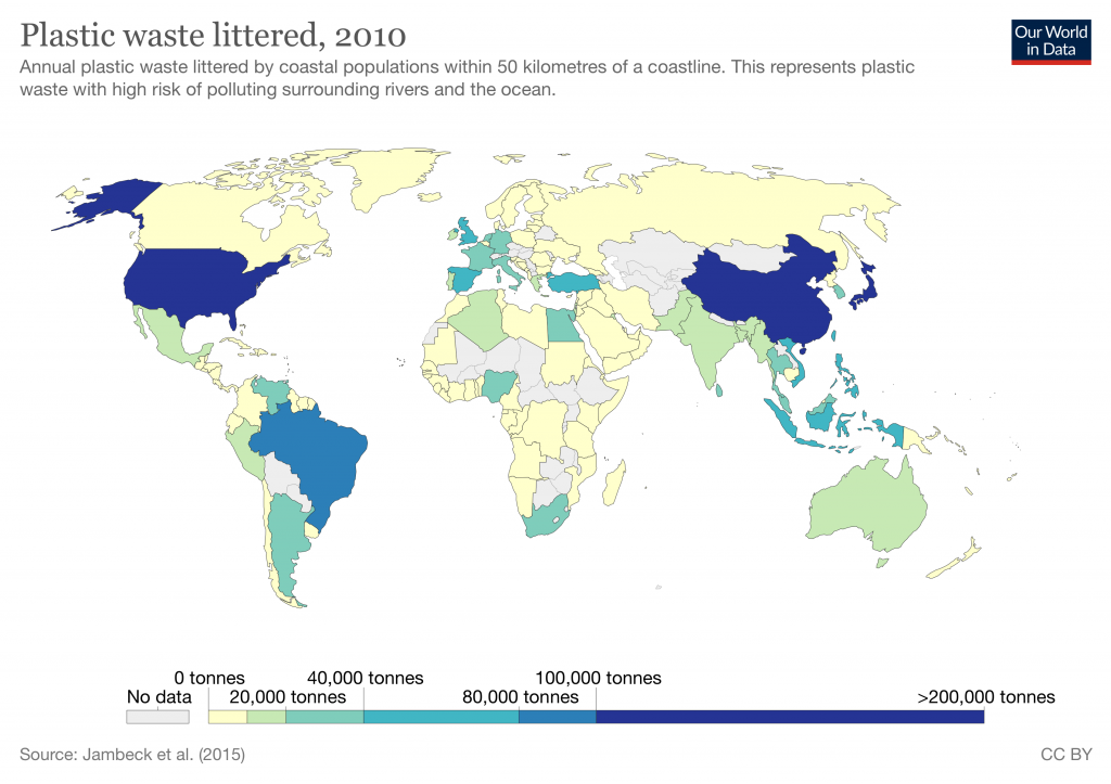 map of littered plastic pollution 